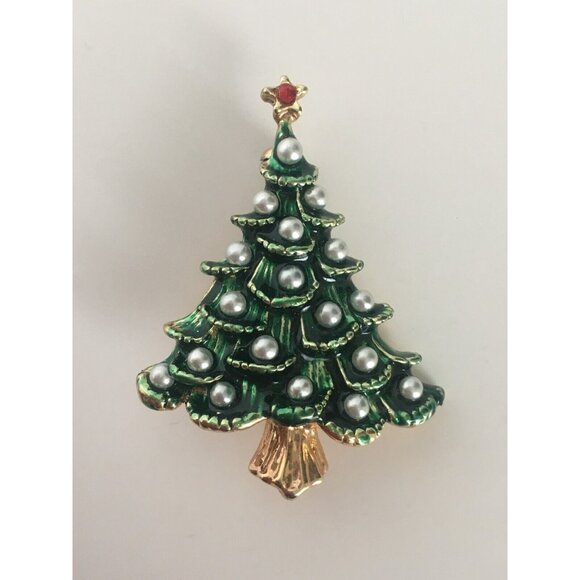 Vintage Christmas Tree Brooch Pin Taiwan Silver Ornaments Jewelry Red Star - Picture 6 of 6